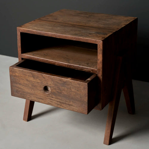 Lemieux et Cie Pierre Jeanneret bedside table in solid teak - a single table at an angle with the drawer open and the open shelf
