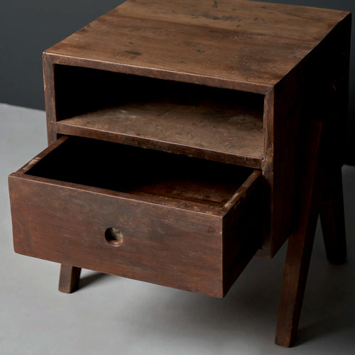 Lemieux et Cie Pierre Jeanneret bedside table in solid teak - a single table at an angle with the drawer open, showing the open shelf