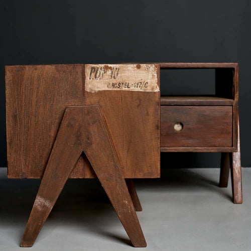 Lemieux et Cie Pierre Jeanneret bedside table in solid teak - the matched pair angled, showing the outward-splayed legs and the P.U.P.10 / B. HOSTEL stencil