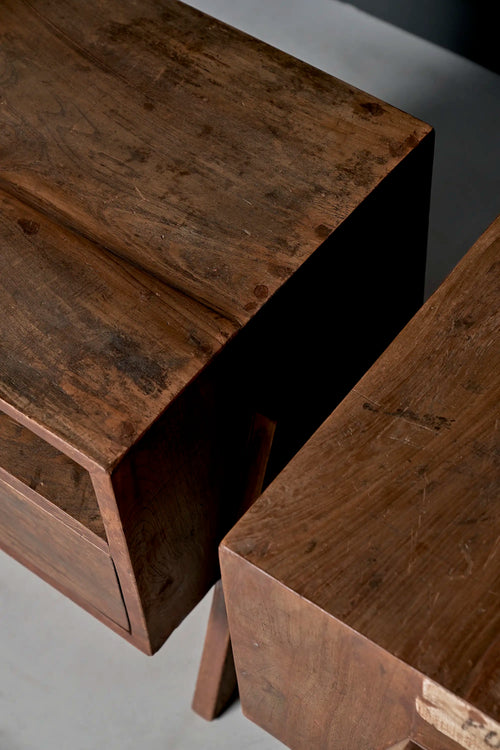 Lemieux et Cie Pierre Jeanneret bedside table in solid teak - overhead detail of the matched pair showing the tops and open shelves