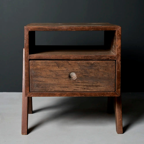 Lemieux et Cie Pierre Jeanneret bedside table in solid teak - front view of a single table with an open shelf above a single drawer, on outward-splayed legs