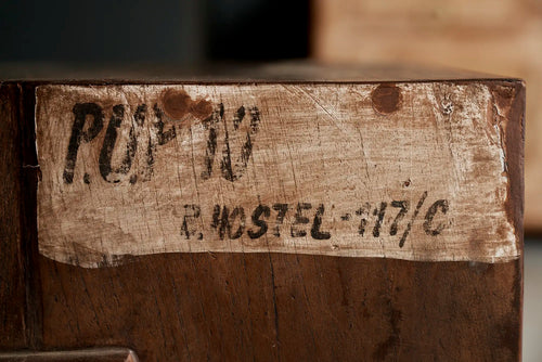 Lemieux et Cie Pierre Jeanneret bedside table in solid teak - macro close-up of the P.U.P.10 / B. HOSTEL 117/C institutional stencil