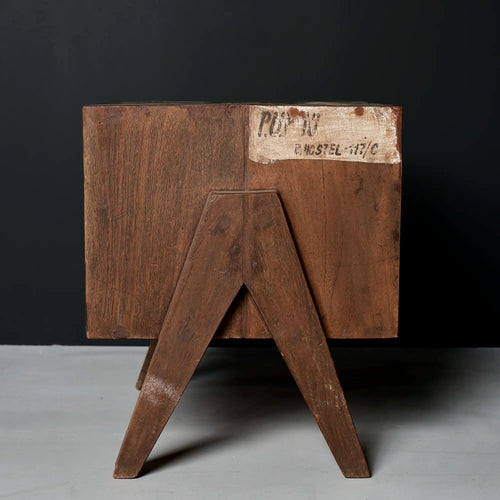 Lemieux et Cie Pierre Jeanneret bedside table in solid teak - side view with the P.U.P.10 / B. HOSTEL stencil and outward-splayed legs