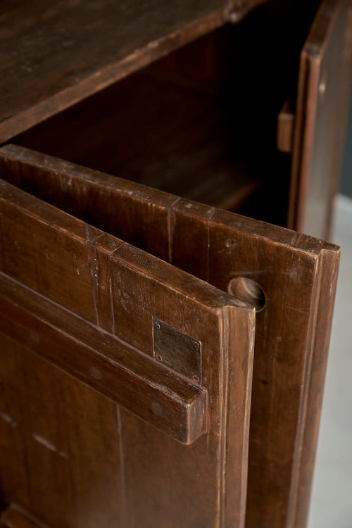 Lemieux et Cie Pierre Jeanneret teak cabinet - detail of an open door with a recessed circular pull and interior shelf