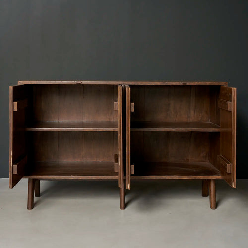 Lemieux et Cie Pierre Jeanneret four-door teak cabinet with all doors open, revealing two equal bays each with an interior shelf