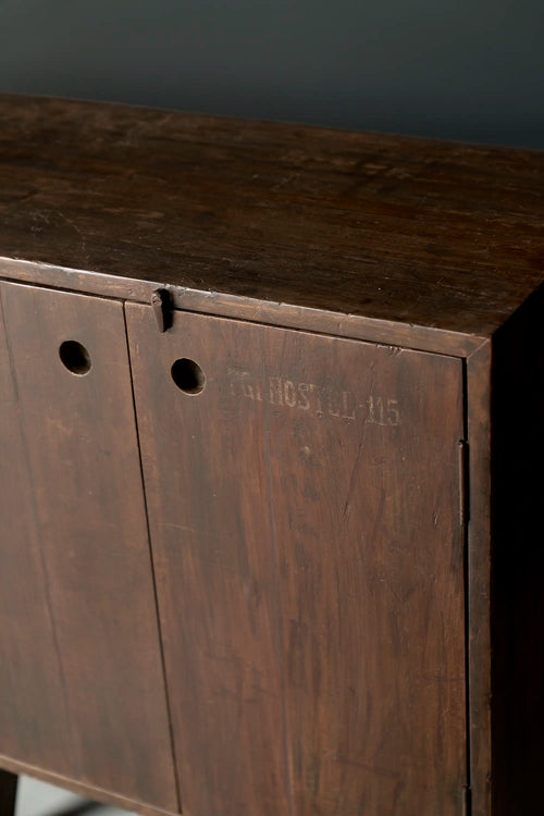 Lemieux et Cie Pierre Jeanneret teak cabinet - close-up of the original PG HOSTEL 115 institutional stencil and recessed circular pulls
