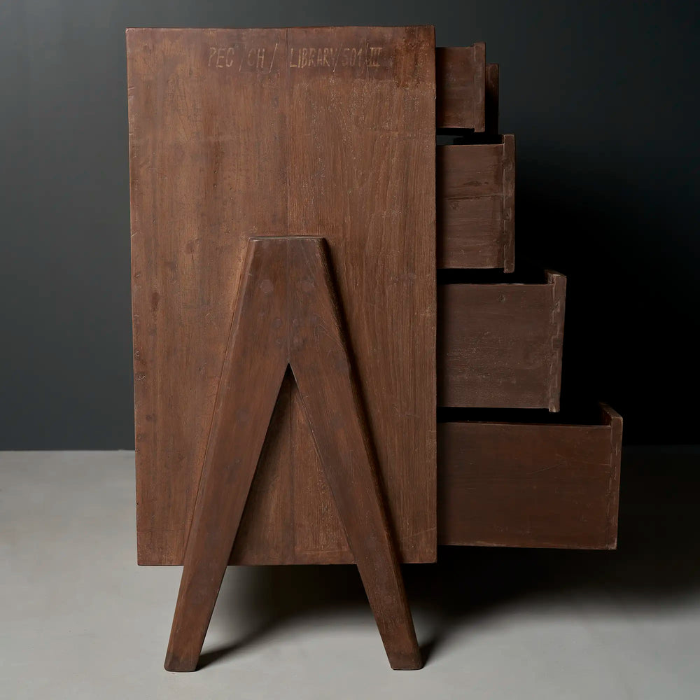 Lemieux et Cie Pierre Jeanneret chest of drawers in solid teak - side profile with the drawers open, showing the compass A-frame leg