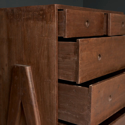 Lemieux et Cie Pierre Jeanneret chest of drawers in solid teak - three-quarter view with the drawers open, showing the compass A-frame leg