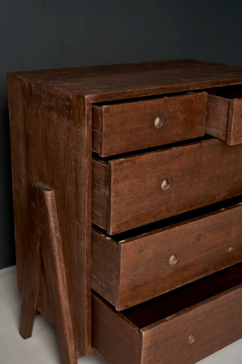 Lemieux et Cie Pierre Jeanneret chest of drawers in solid teak - three-quarter view with the drawers open in a cascade