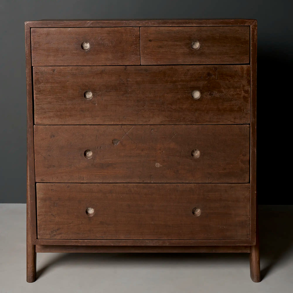 Lemieux et Cie Pierre Jeanneret chest of drawers in solid teak, c. 1960, Central Library, Punjab Engineering College, Chandigarh - front view showing the five drawers with turned teak pulls and compass A-frame legs