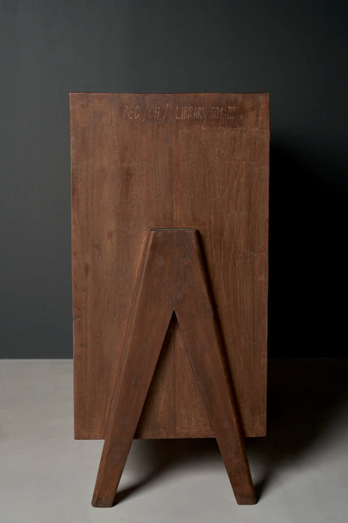 Lemieux et Cie Pierre Jeanneret chest of drawers in solid teak - side profile showing the compass A-frame leg and the PEC/CH/LIBRARY/501/III stencil