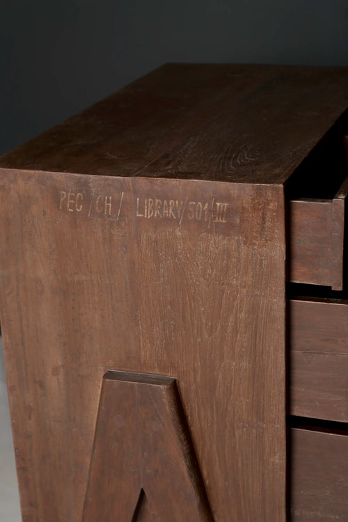 Lemieux et Cie Pierre Jeanneret chest of drawers in solid teak - three-quarter side view showing the PEC/CH/LIBRARY/501/III stencil and the compass A-frame leg