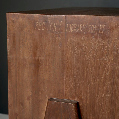 Lemieux et Cie Pierre Jeanneret chest of drawers in solid teak - close-up of the original PEC/CH/LIBRARY/501/III institutional stencil on the side panel