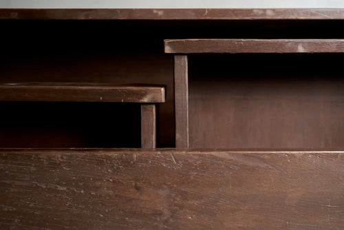Lemieux et Cie Pierre Jeanneret chest of drawers in solid teak - close-up of the two narrow top drawers, one open