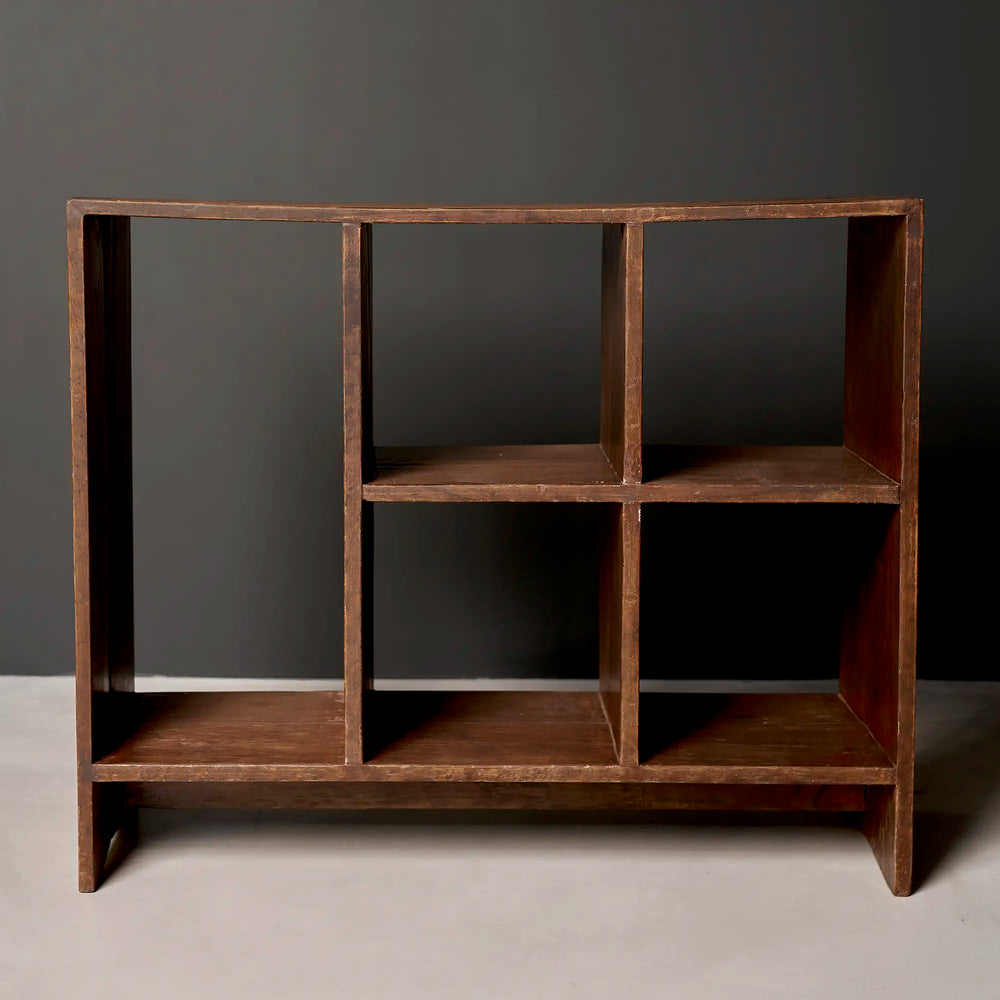 Lemieux et Cie Pierre Jeanneret PJ-R-27 five-hole file rack in solid teak - front studio view showing the open file compartments and the side panels that extend to form the legs
