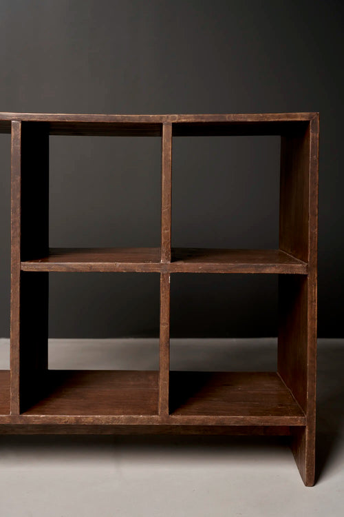 Lemieux et Cie Pierre Jeanneret PJ-R-27 five-hole file rack in solid teak - front studio view of the open file compartments in solid teak
