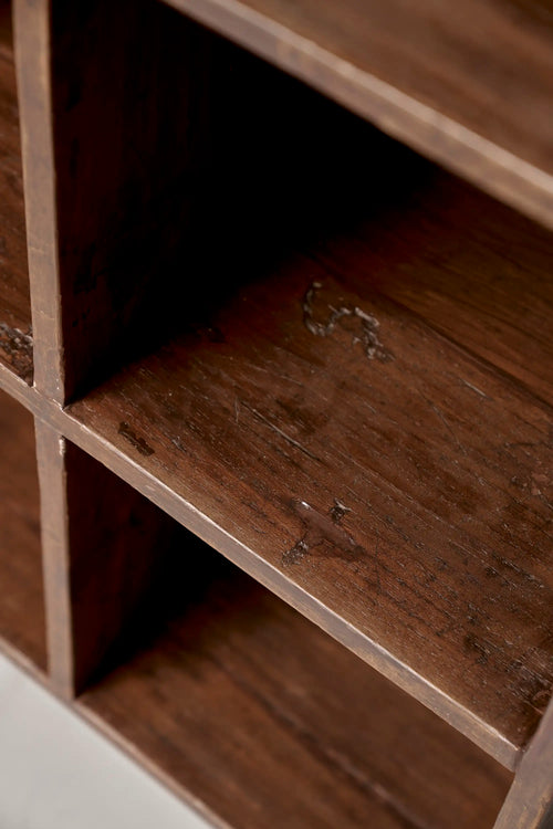 Lemieux et Cie Pierre Jeanneret PJ-R-27 five-hole file rack in solid teak - detail of the open teak file compartments and interior shelf