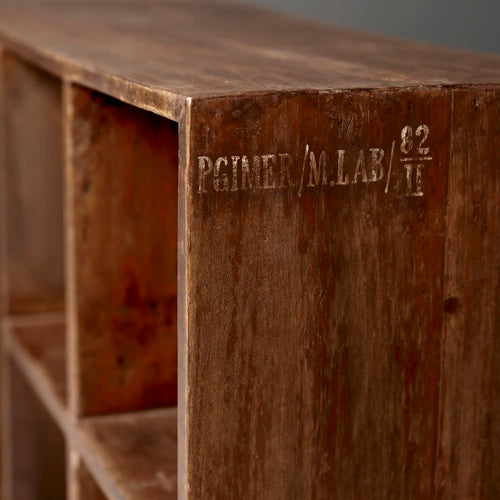 Lemieux et Cie Pierre Jeanneret PJ-R-27 five-hole file rack in solid teak - close-up of the original PGIMER/M.LAB/82/II institutional stencil on the teak corner