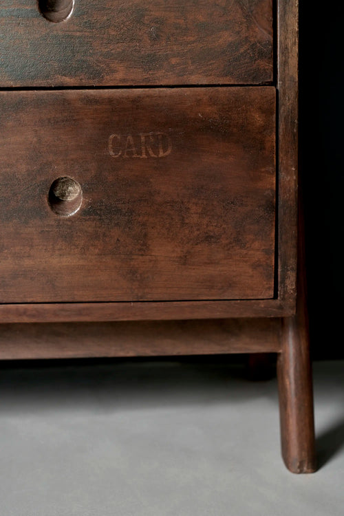 Lemieux et Cie Pierre Jeanneret library storage cabinet in solid teak - close-up of a drawer with the original painted CARD label and circular cutout pull