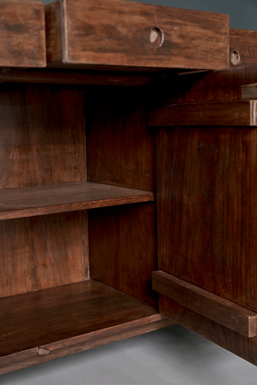 Lemieux et Cie Pierre Jeanneret library storage cabinet in solid teak - the hinged doors open, revealing the shelved interior
