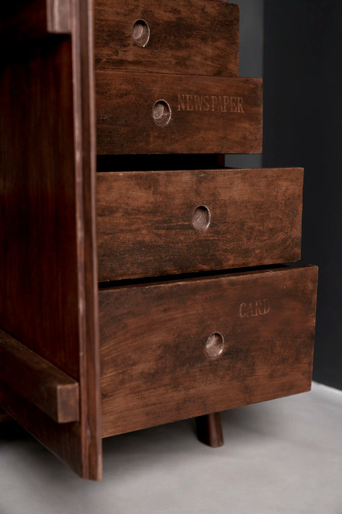 Lemieux et Cie Pierre Jeanneret library storage cabinet in solid teak - three-quarter view of the right drawer column with drawers open, on a compass A-frame leg