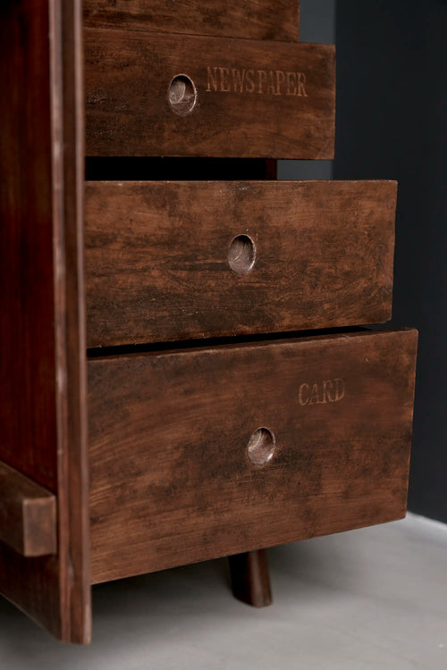 Lemieux et Cie Pierre Jeanneret library storage cabinet in solid teak - right-hand drawers with the original painted NEWSPAPER and CARD labels