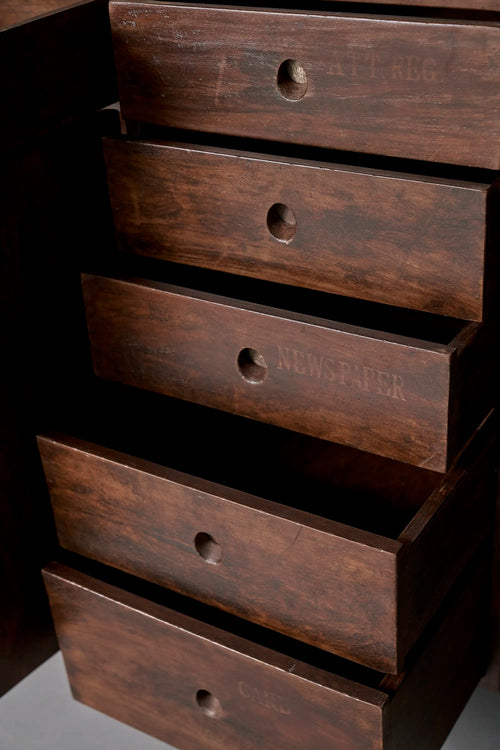 Lemieux et Cie Pierre Jeanneret library storage cabinet in solid teak - the five-drawer column open in a cascade, showing the original painted labels