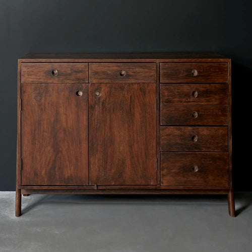 Lemieux et Cie Pierre Jeanneret library storage cabinet in solid teak, c. 1960, Nehru Library, Punjab Agricultural University - front view showing two top drawers, two hinged doors on the left, a column of five drawers on the right, and four compass A-frame legs
