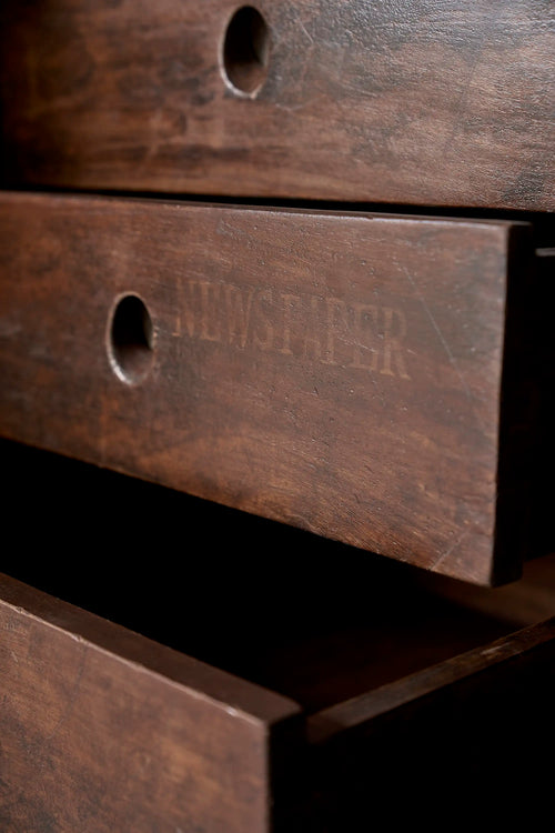 Lemieux et Cie Pierre Jeanneret library storage cabinet in solid teak - close-up of a drawer with the original painted NEWSPAPER label and circular cutout pull