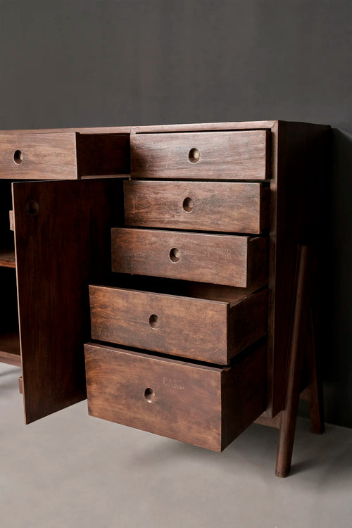 Lemieux et Cie Pierre Jeanneret library storage cabinet in solid teak - three-quarter view with the doors and drawers open, showing the shelved interior and five-drawer column