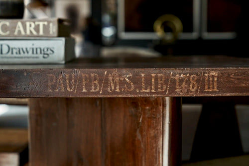 Lemieux et Cie Pierre Jeanneret library table in solid teak - close-up of the original PAU/PB/M.S.LIB/178/III institutional stencil on the panel leg base