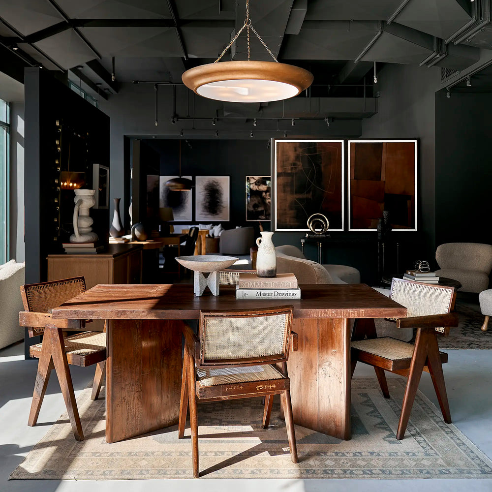 Lemieux et Cie Pierre Jeanneret library table in solid teak, c. 1960, Main Sciences Library, Panjab Agricultural University - in a library setting with chairs and pendant lighting, a large rectangular top on two solid teak panel legs