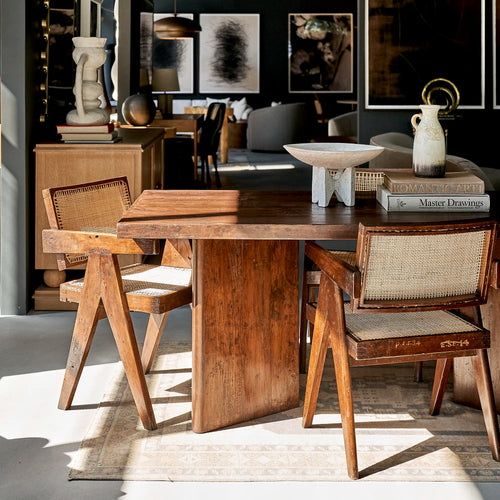 Lemieux et Cie Pierre Jeanneret library table in solid teak - styled with a teak armchair and gallery wall