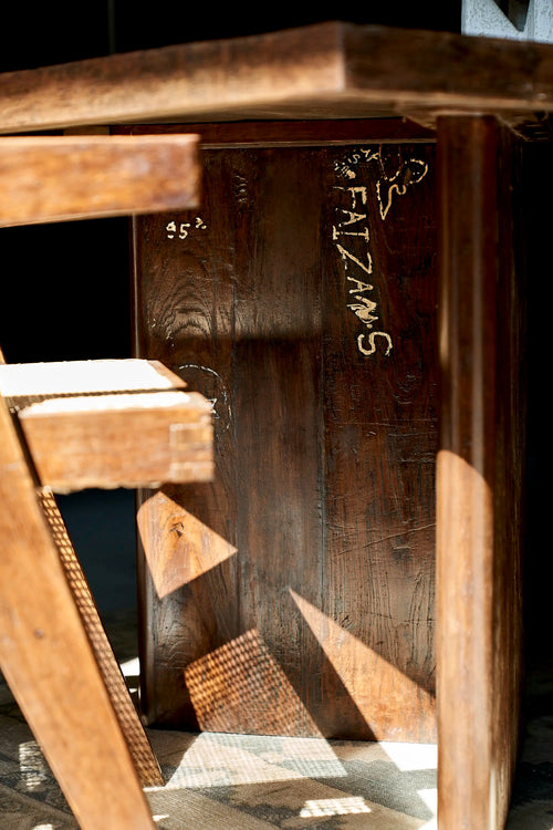 Lemieux et Cie Pierre Jeanneret library table in solid teak - underside detail showing the solid teak panel leg and an original hand-scratched inscription