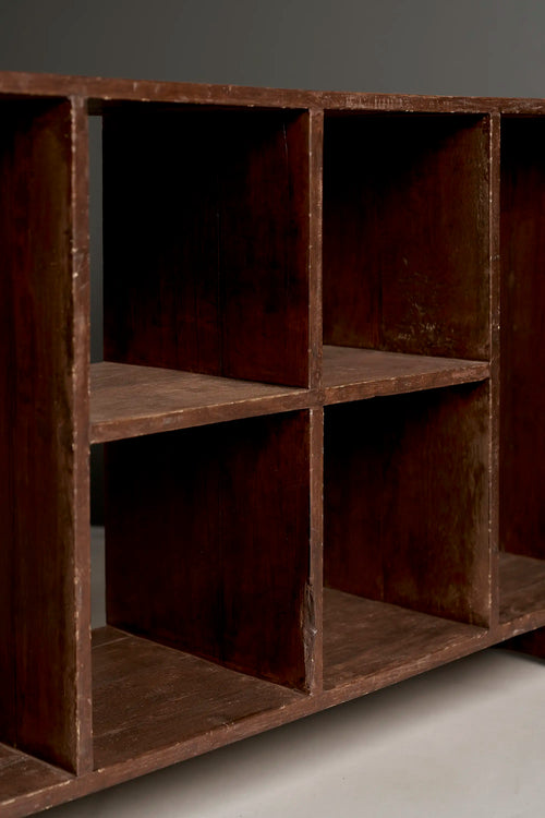 Lemieux et Cie Pierre Jeanneret low bookcase in solid teak - detail of the six open teak compartments arranged in two tiers of three