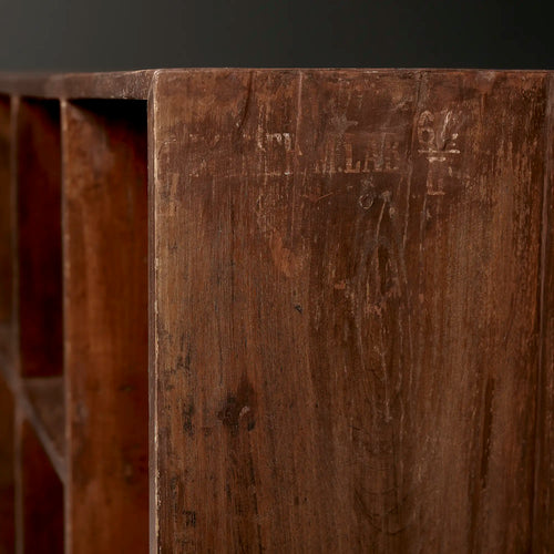 Lemieux et Cie Pierre Jeanneret low bookcase in solid teak - close-up of the side panel with the original PGIMER/M.LAB/64/II institutional stencil