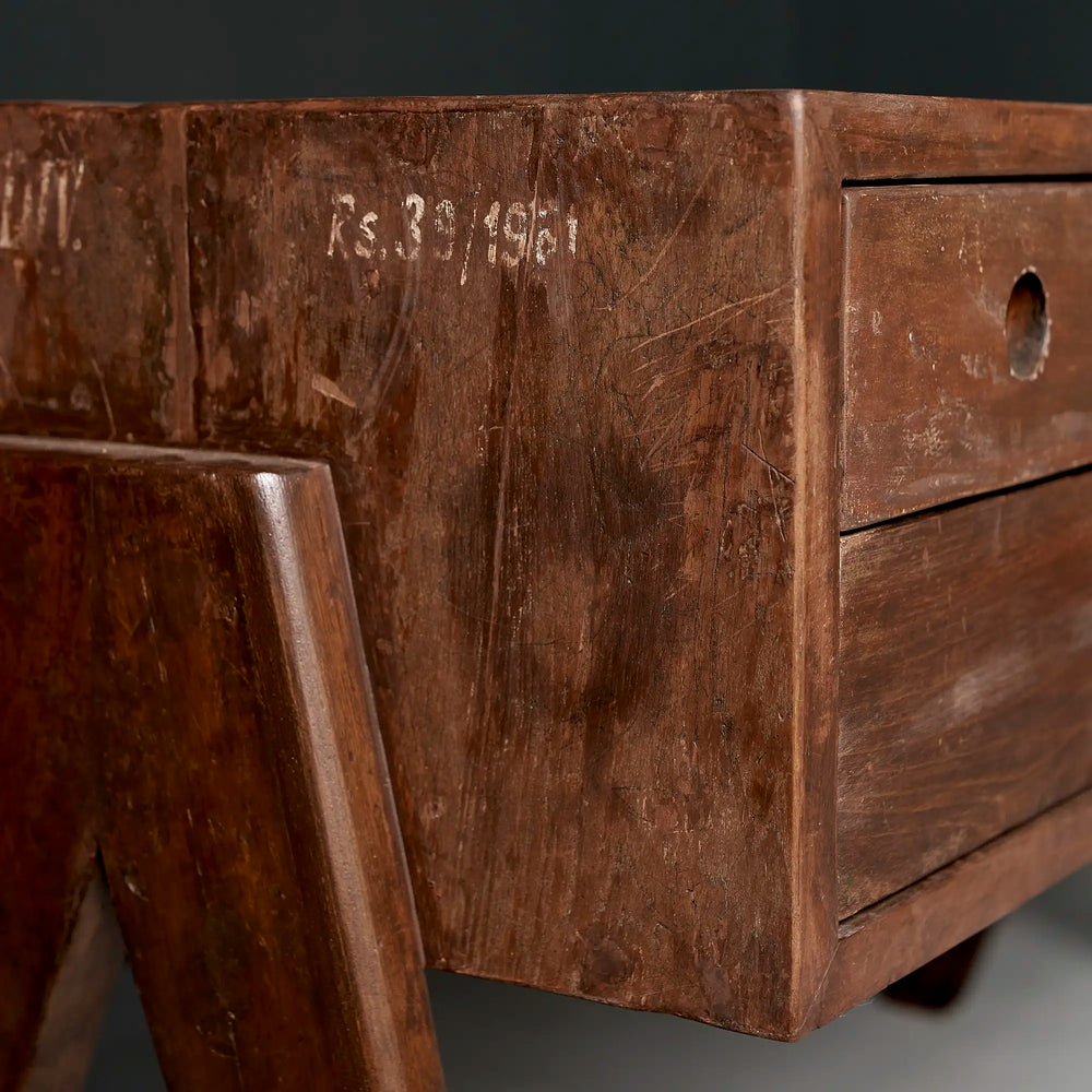 Lemieux et Cie Pierre Jeanneret pedestal unit in solid teak - three-quarter view with the Rs.39/1961 stencil and a circular cutout pull, on compass A-frame legs
