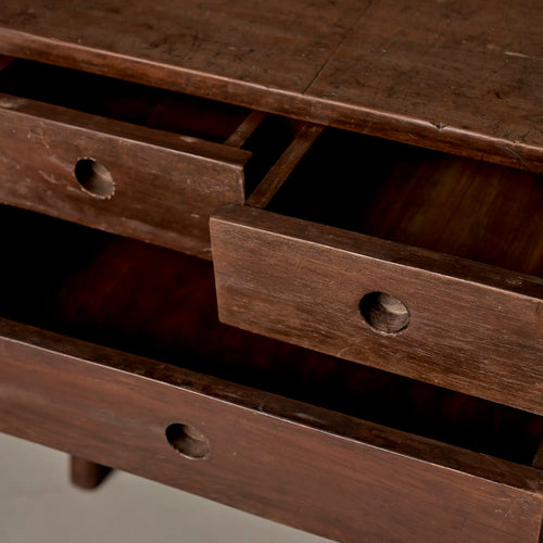 Lemieux et Cie Pierre Jeanneret pedestal unit in solid teak - close-up with the full-width drawer open, showing the drawer and the open storage bay