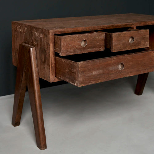 Lemieux et Cie Pierre Jeanneret pedestal unit in solid teak - three-quarter view with the two top drawers open, on compass A-frame legs