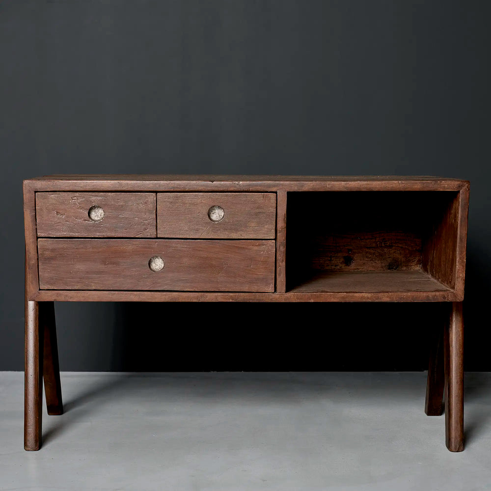 Lemieux et Cie Pierre Jeanneret pedestal unit in solid teak, 1961, High Court of Punjab and Haryana, Chandigarh - front view showing three drawers on the left, an open storage bay on the right, and compass A-frame legs