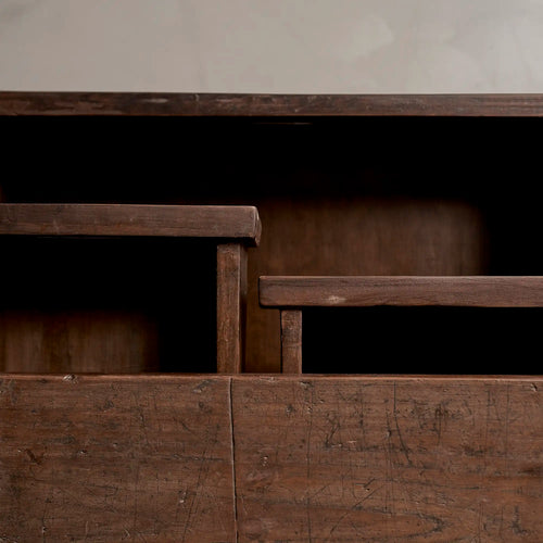 Lemieux et Cie Pierre Jeanneret pedestal unit in solid teak - close-up of the open storage bay and the drawer tops