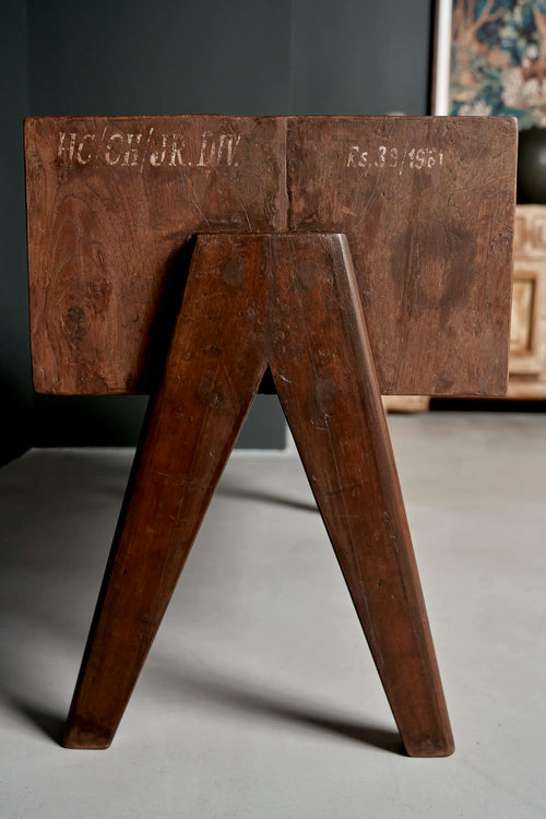 Lemieux et Cie Pierre Jeanneret pedestal unit in solid teak - side view showing the compass A-frame leg and the HC/CH/JR.DIV / Rs.39/1961 stencil