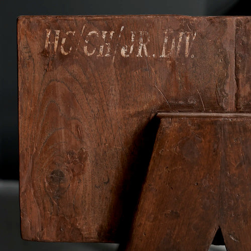 Lemieux et Cie Pierre Jeanneret pedestal unit in solid teak - close-up of the side panel and compass A-frame leg with the HC/CH/JR.DIV institutional stencil