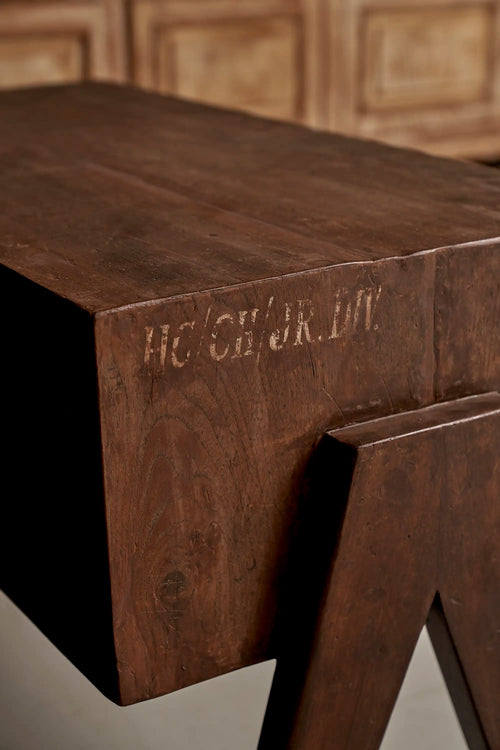 Lemieux et Cie Pierre Jeanneret pedestal unit in solid teak - close-up of the top corner with the HC/CH/JR.DIV institutional stencil and the compass A-frame leg