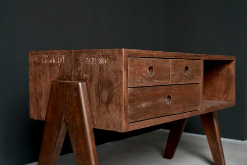Lemieux et Cie Pierre Jeanneret pedestal unit in solid teak - close-up of the top corner with the HC/CH/JR.DIV institutional stencil and the compass A-frame leg