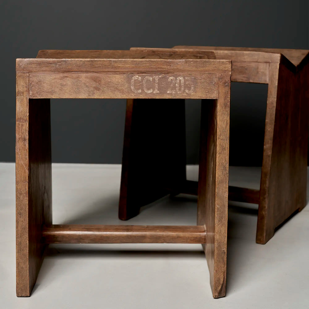Lemieux et Cie Pierre Jeanneret stool in solid teak with the CCI/203 institutional stencil - two stools with the front apron bearing the CCI/203 stencil