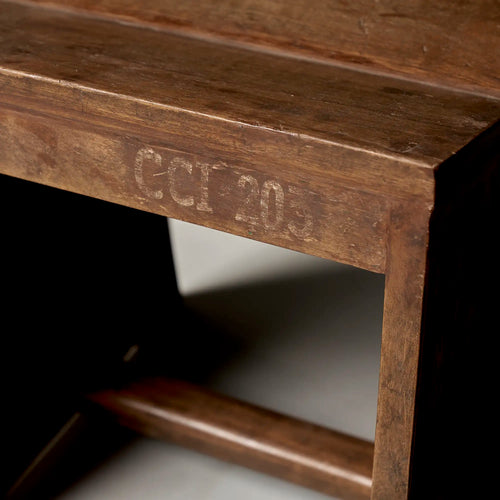Lemieux et Cie Pierre Jeanneret stool in solid teak with the CCI/203 institutional stencil - macro close-up of the CCI/203 institutional stencil