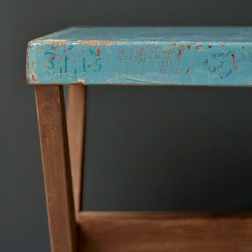 Lemieux et Cie Pierre Jeanneret X-leg student desk with original blue painted top - apron detail with student inscriptions on the blue painted top