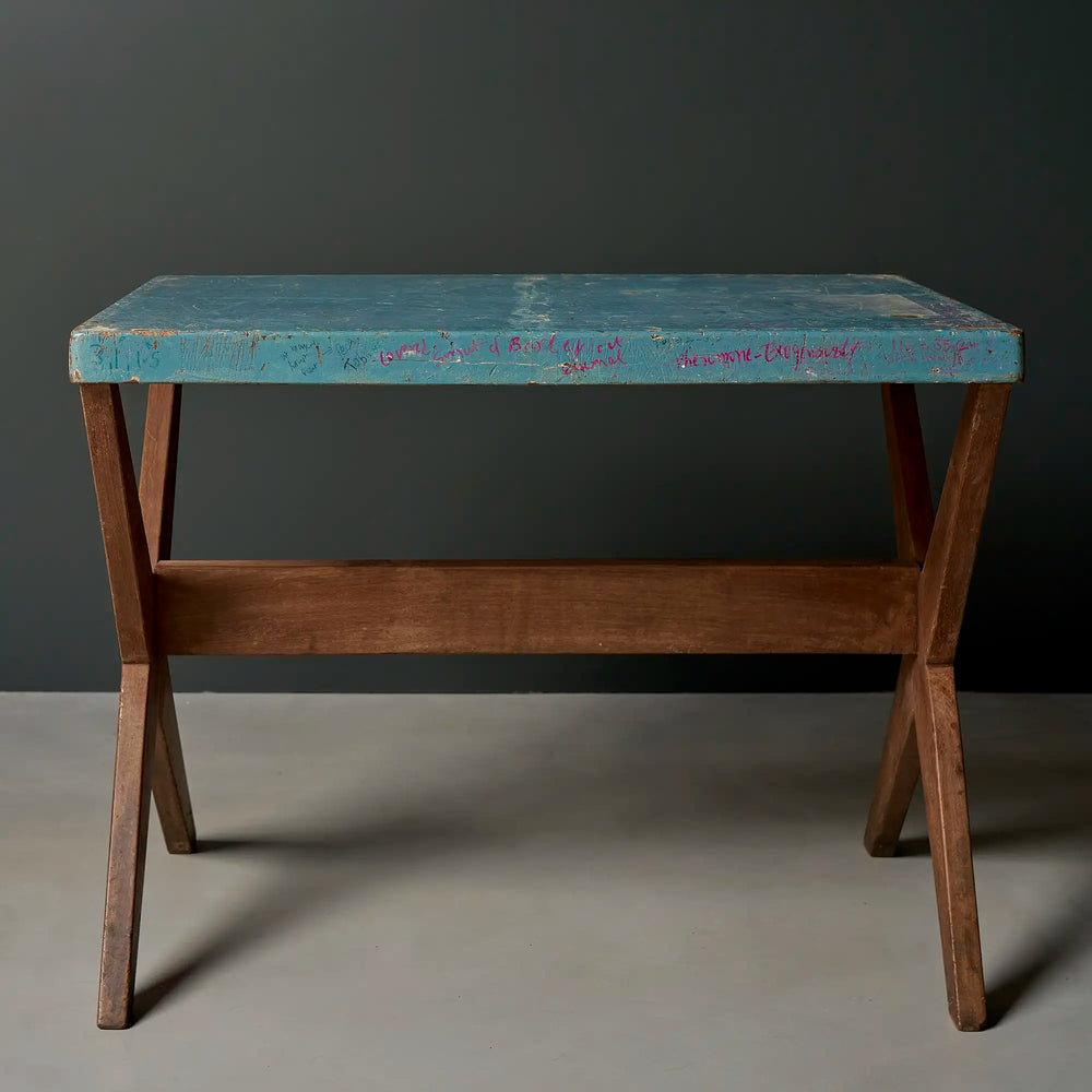 Lemieux et Cie Pierre Jeanneret X-leg student desk with original blue painted top, c. 1960, Panjab University, Chandigarh - full front view showing the X-leg base and lower stretcher shelf