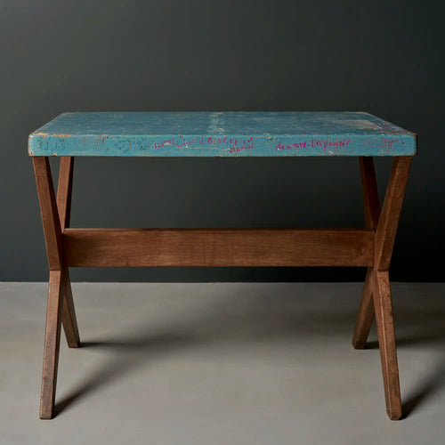Lemieux et Cie Pierre Jeanneret X-leg student desk with original blue painted top, c. 1960, Panjab University, Chandigarh - full front view showing the X-leg base and lower stretcher shelf